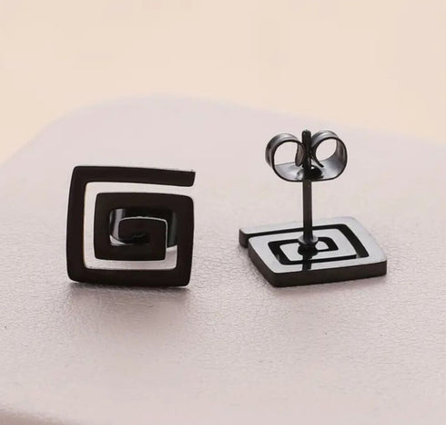 Rhodium Plated Ancient Greek Key Gun Black Men & Women Stud Earrings
